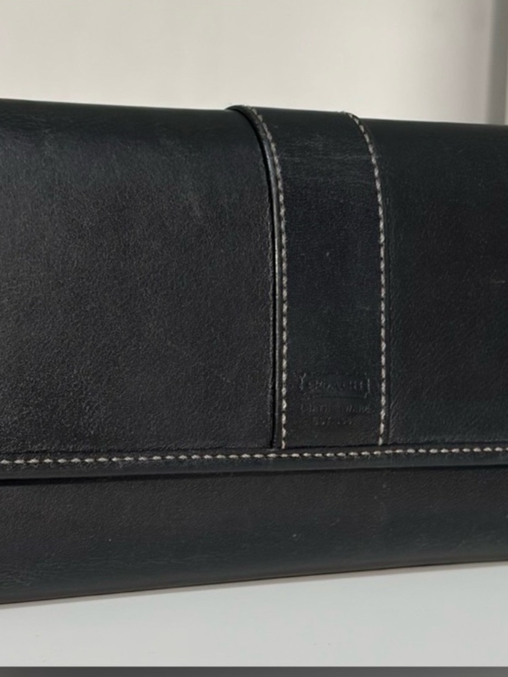 Vintage Coach Hampton Trifold Wallet in Black Leather & Jacquard Inner Lining